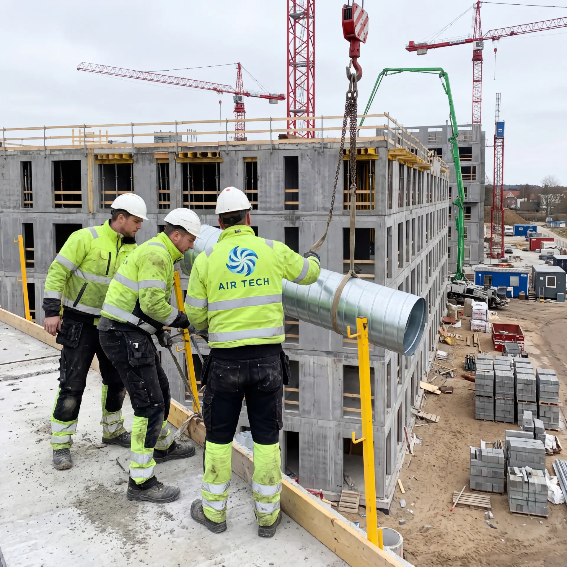 Tre AIR TECH montører håndterer en stor kanal på byggepladsen