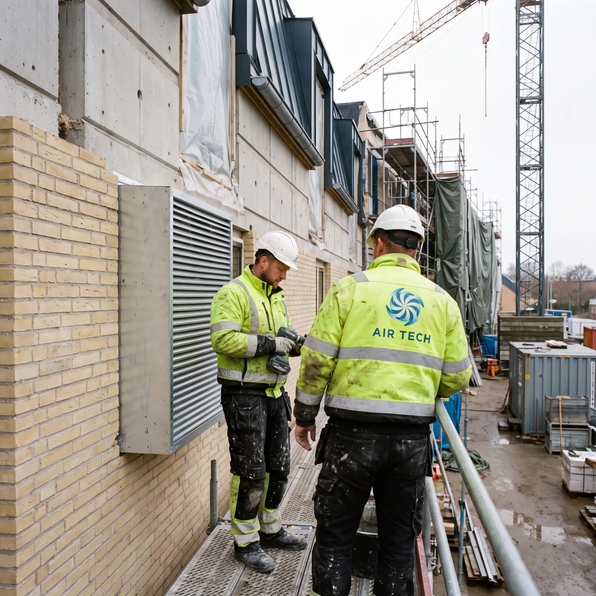 To montører arbejder med ventilationsrist på stillads