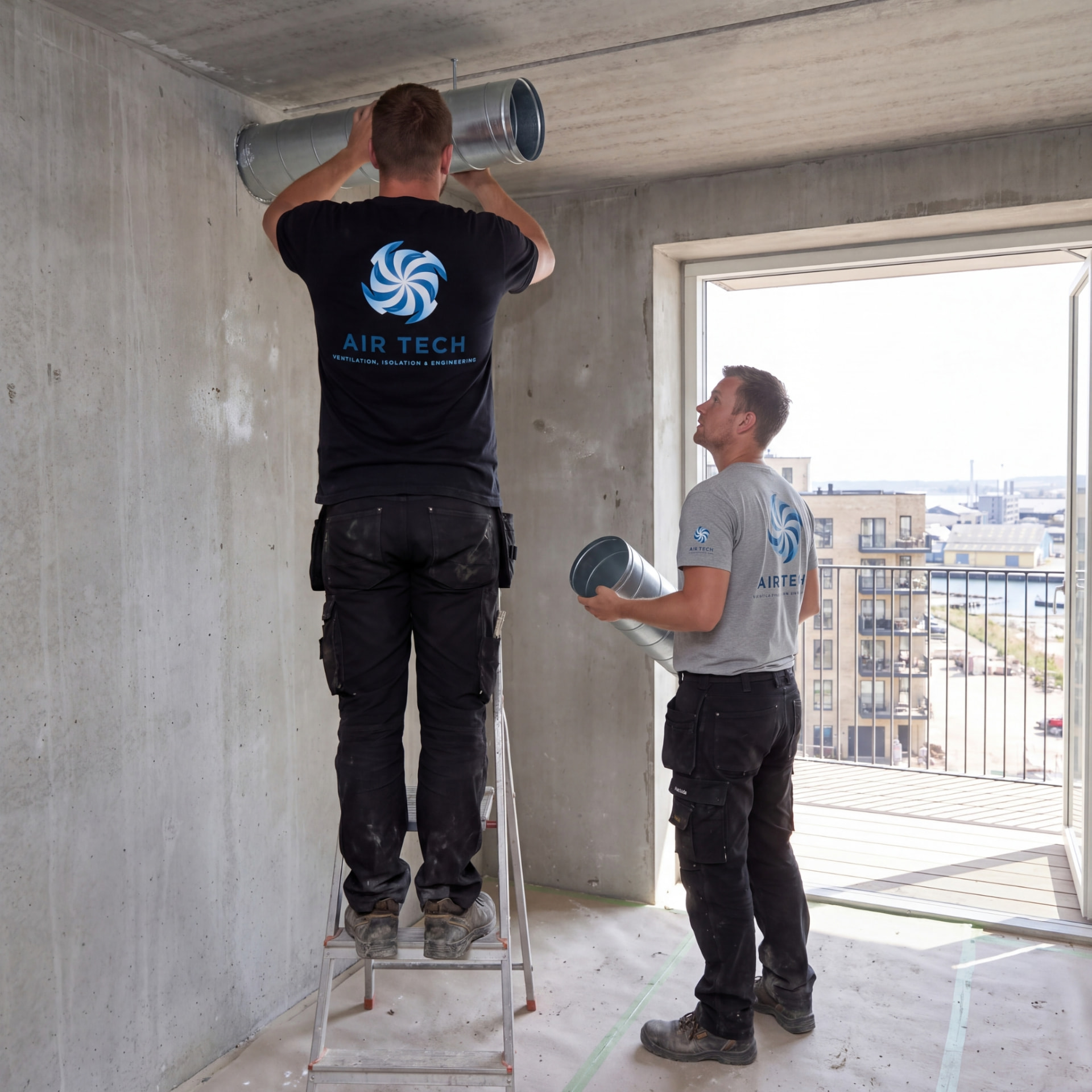 Montage af spirokanal i en af boligerne under opførelse