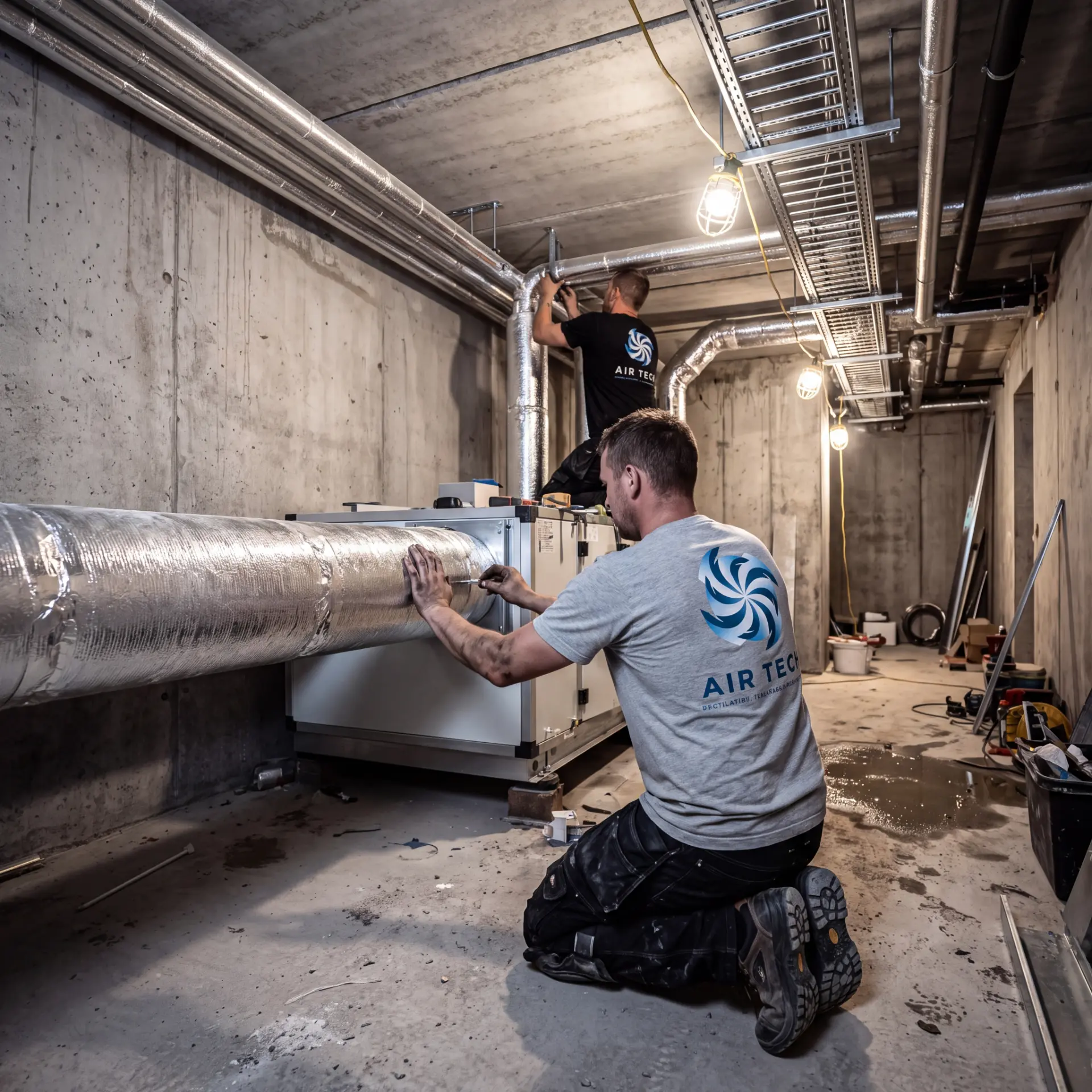 Montage af ventilationsaggregat og isolerede kanaler i teknikrum