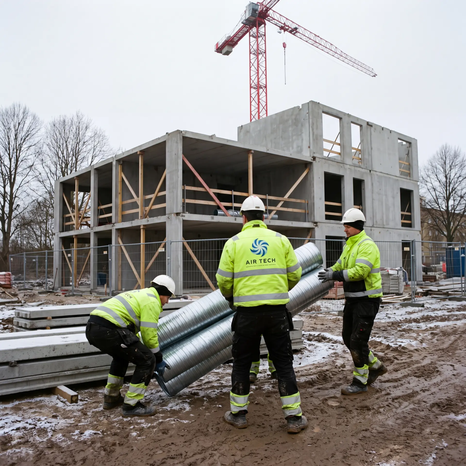 Tre montører håndterer kanaler foran råhuset i beton